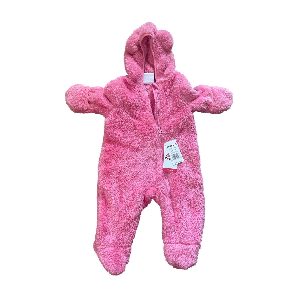 Reebok Baby Girls Pink Fuzzy Fleece Hooded Pram Suit Bear Ears NWT 0-3M OOZYS1